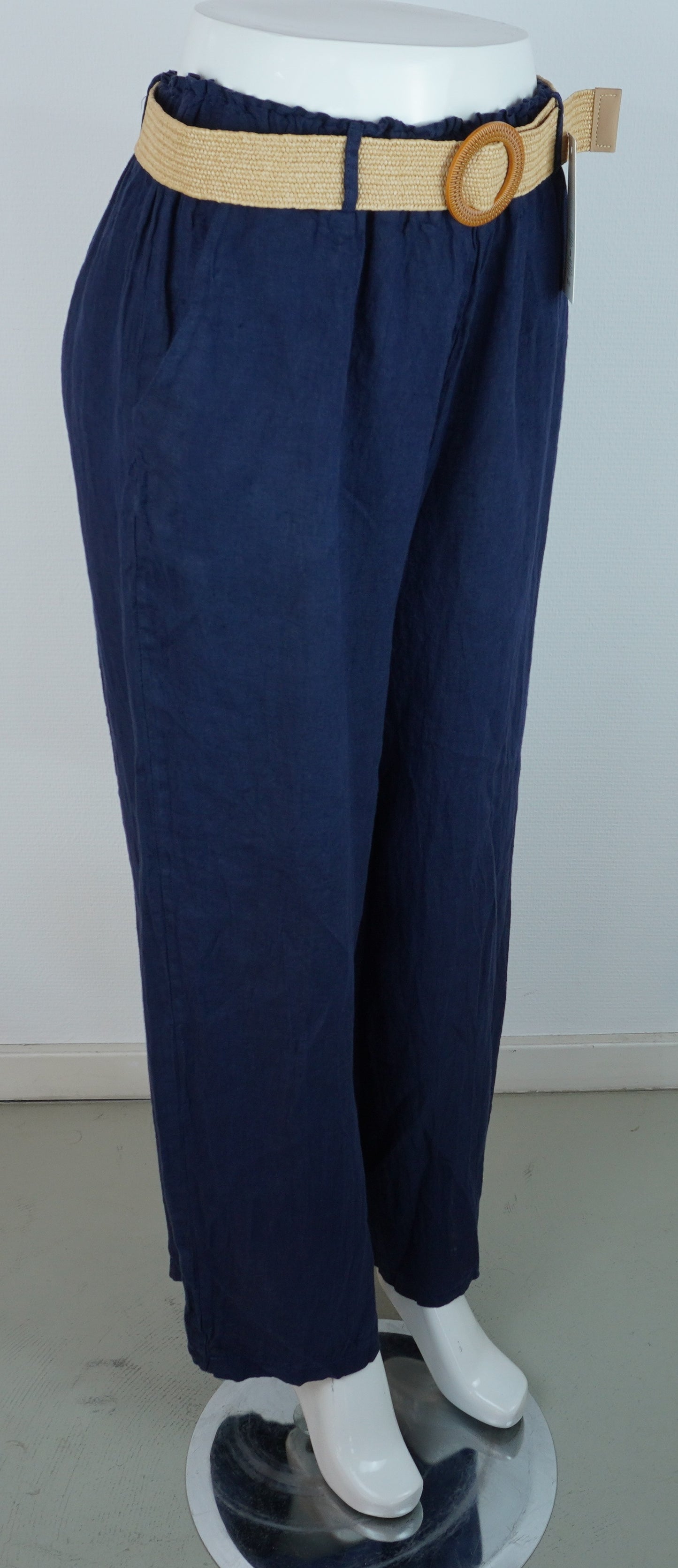 Leinenhose 100% Leinen – Dunkelblau/Navy, mit Flechtgürtel, Sommerlook