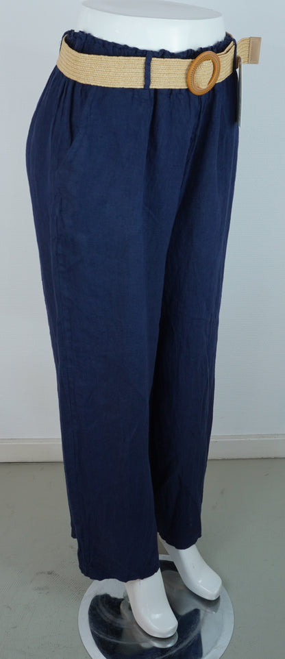 Leinenhose 100% Leinen – Dunkelblau/Navy, mit Flechtgürtel, Sommerlook
