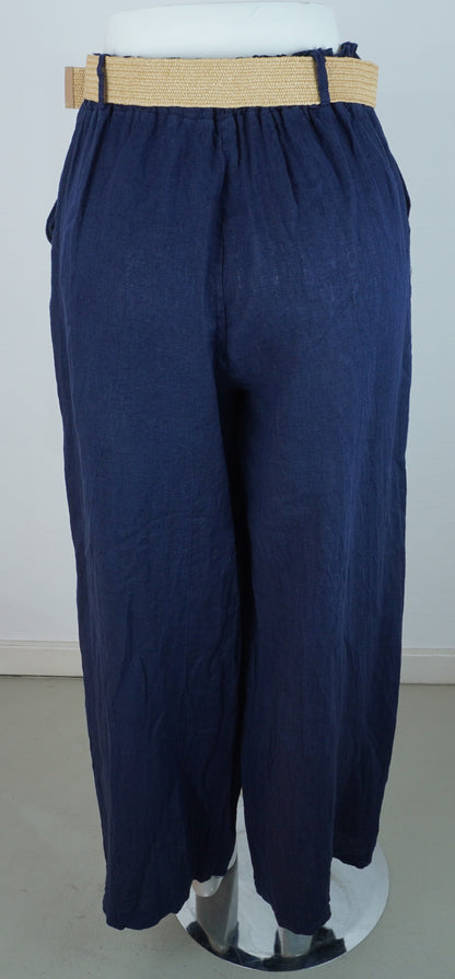 Leinenhose 100% Leinen – Dunkelblau/Navy, mit Flechtgürtel, Sommerlook