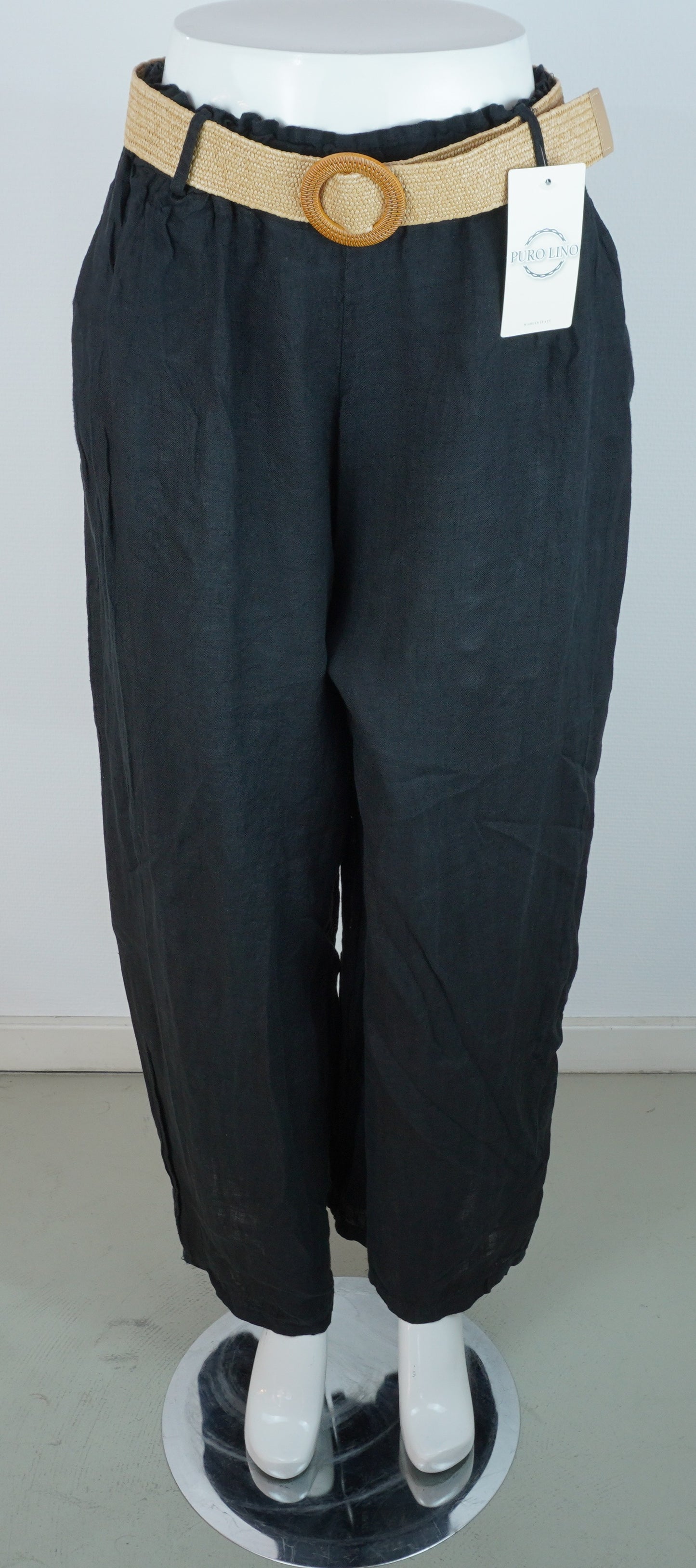 Leinenhose 100% Leinen – Schwarz, mit Flechtgürtel, Sommerlook