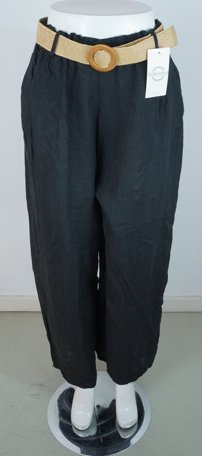 Leinenhose 100% Leinen – Schwarz, mit Flechtgürtel, Sommerlook