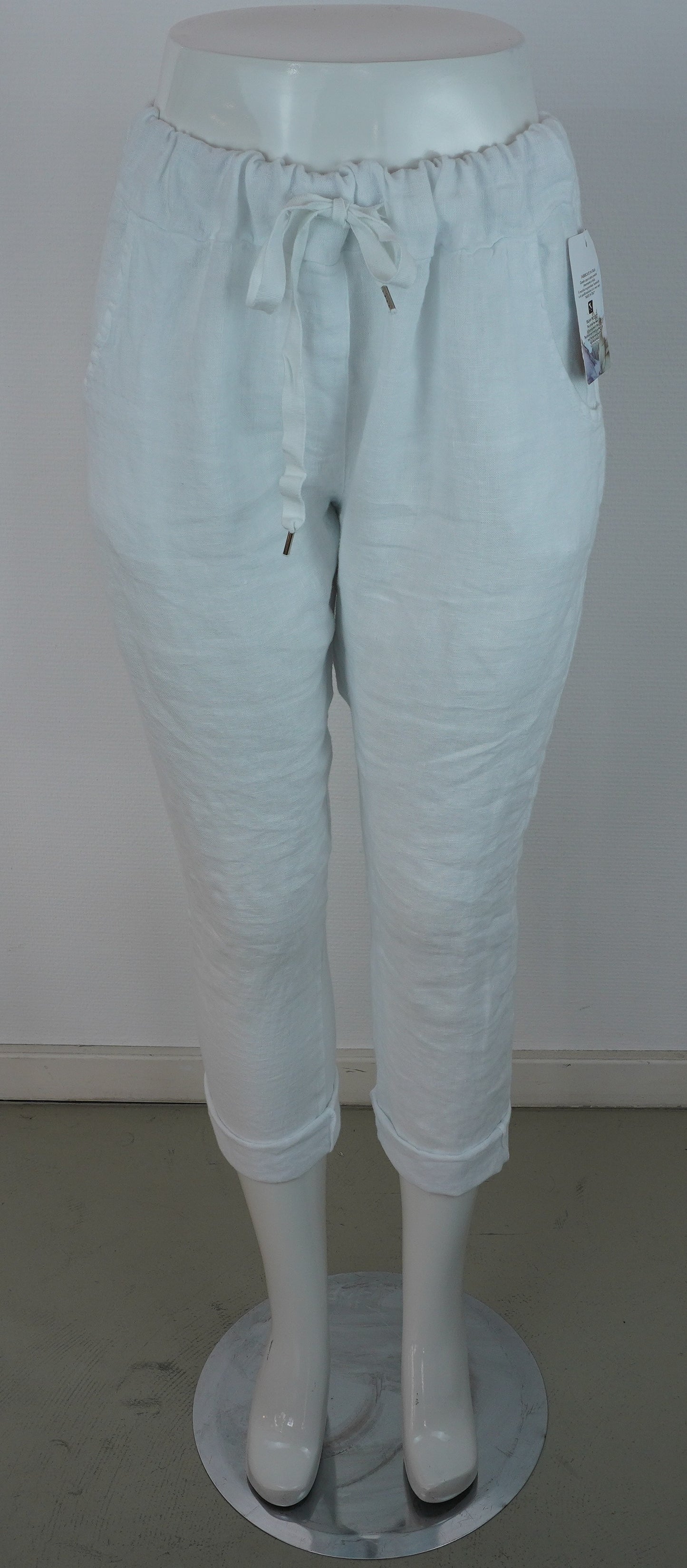 Caprihose 100% Leinen – Weiß, elastischer Bund, Sommerlook