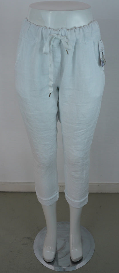 Caprihose 100% Leinen – Weiß, elastischer Bund, Sommerlook