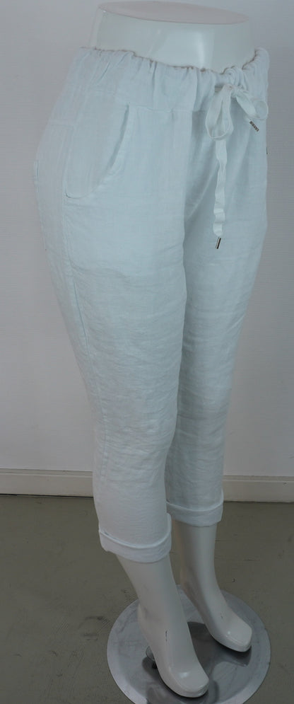 Caprihose 100% Leinen – Weiß, elastischer Bund, Sommerlook