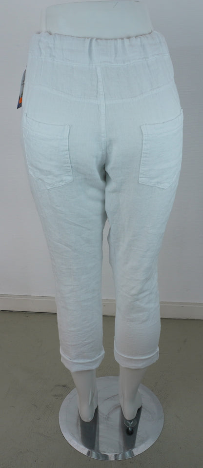 Caprihose 100% Leinen – Weiß, elastischer Bund, Sommerlook