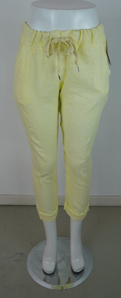 Caprihose 100% Leinen – Zitronengelb, elastischer Bund, Sommerlook