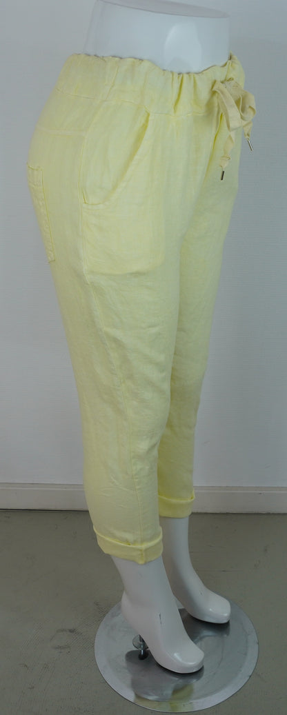 Caprihose 100% Leinen – Zitronengelb, elastischer Bund, Sommerlook