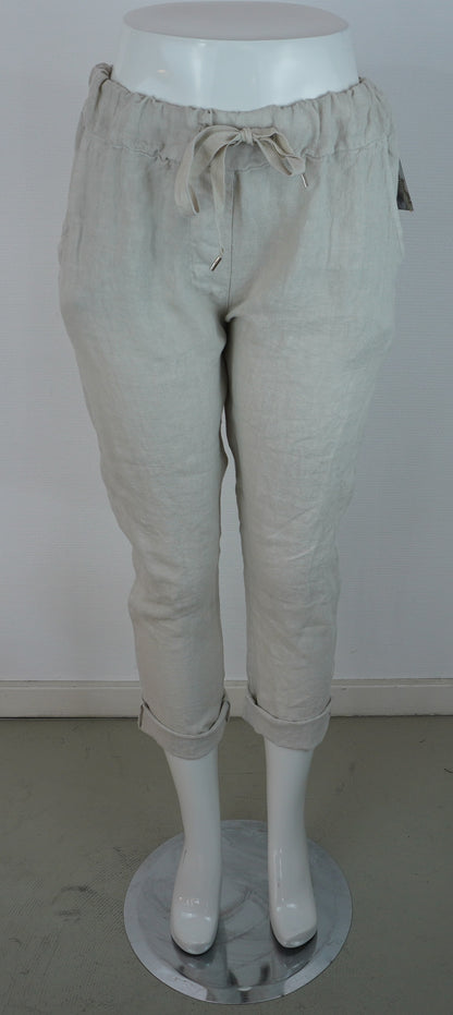 Caprihose 100% Leinen – Sand, elastischer Bund, Sommerlook