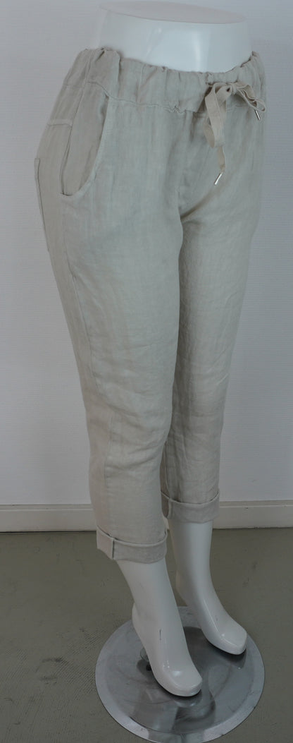 Caprihose 100% Leinen – Sand, elastischer Bund, Sommerlook
