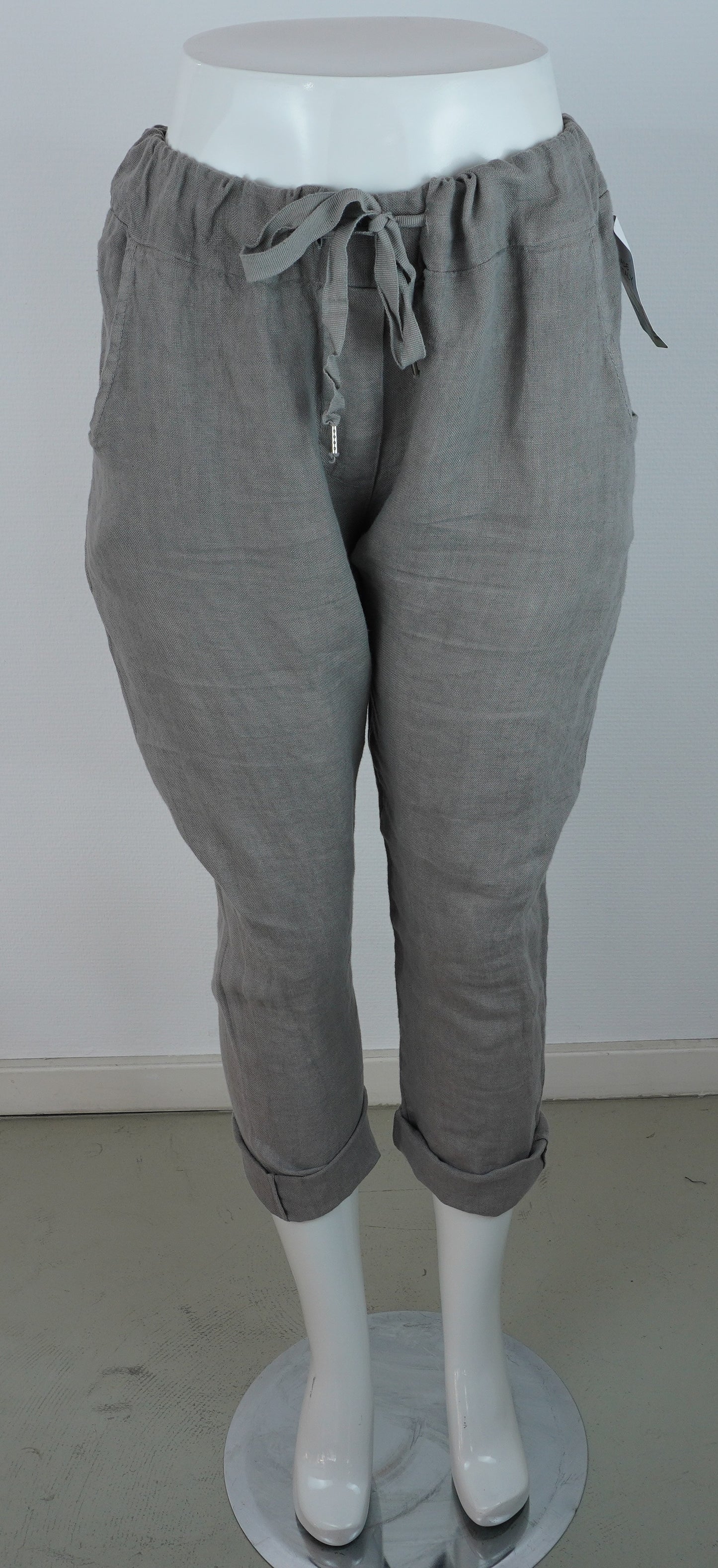Caprihose 100% Leinen – Steingrau, elastischer Bund, Sommerlook