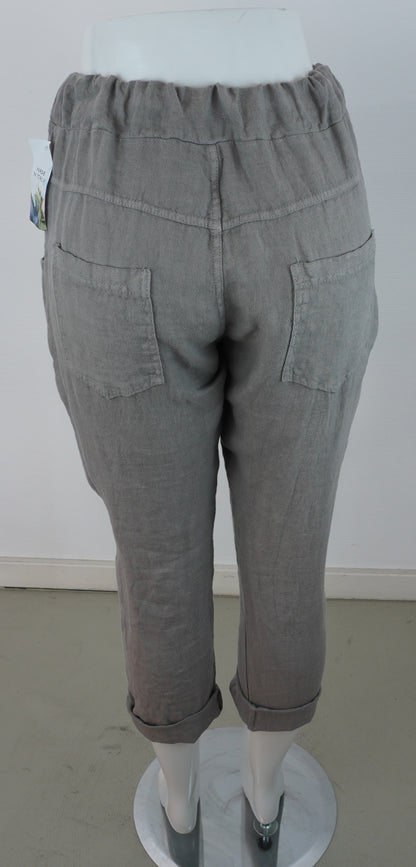Caprihose 100% Leinen – Steingrau, elastischer Bund, Sommerlook