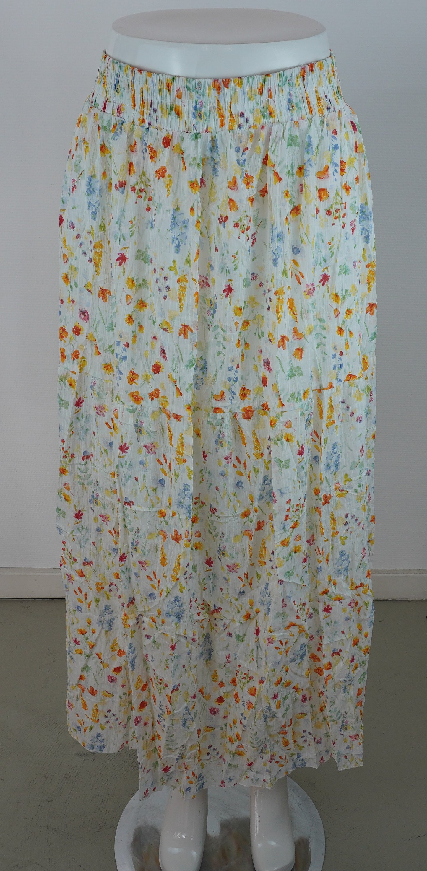 Sommerrock 100% Viskose – Blumenprint Gelb-Orange, Stufenrock mit Gummibund