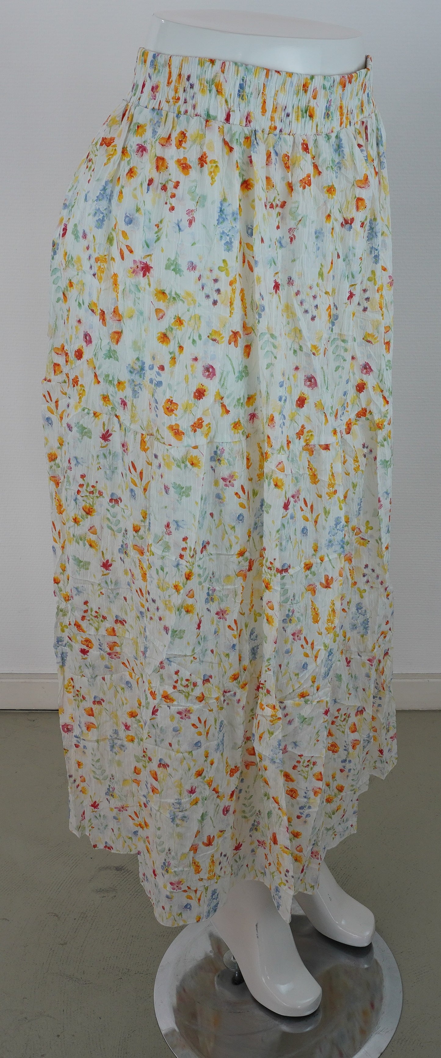 Sommerrock 100% Viskose – Blumenprint Gelb-Orange, Stufenrock mit Gummibund