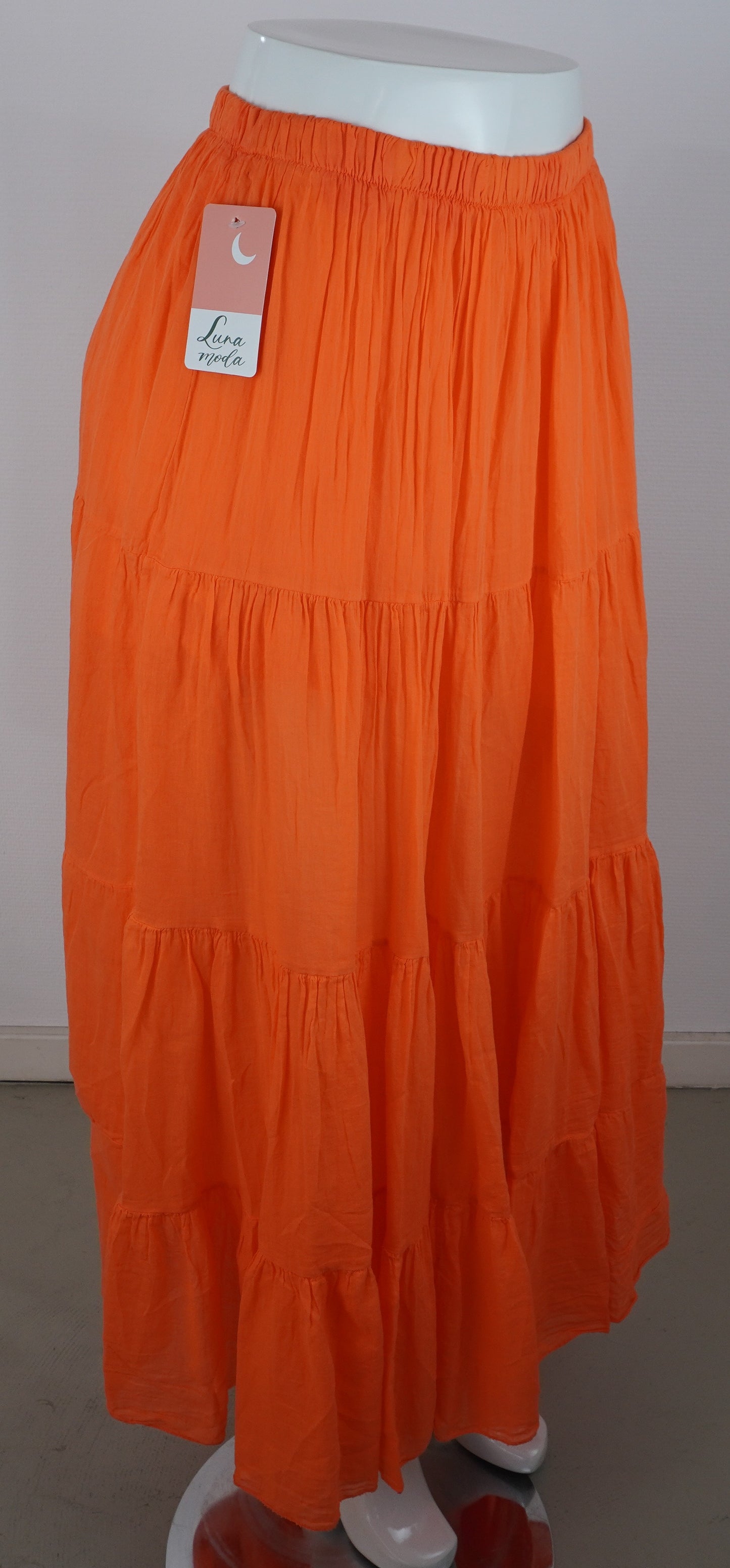 Sommerrock 100% Viskose – Orange, Stufenrock mit Gummibund