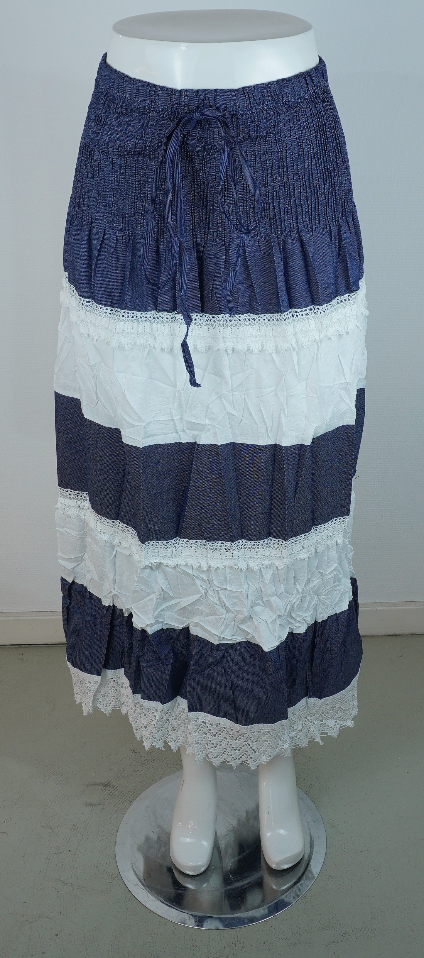 Boho-Stufenrock mit Spitze – Navy/Weiß