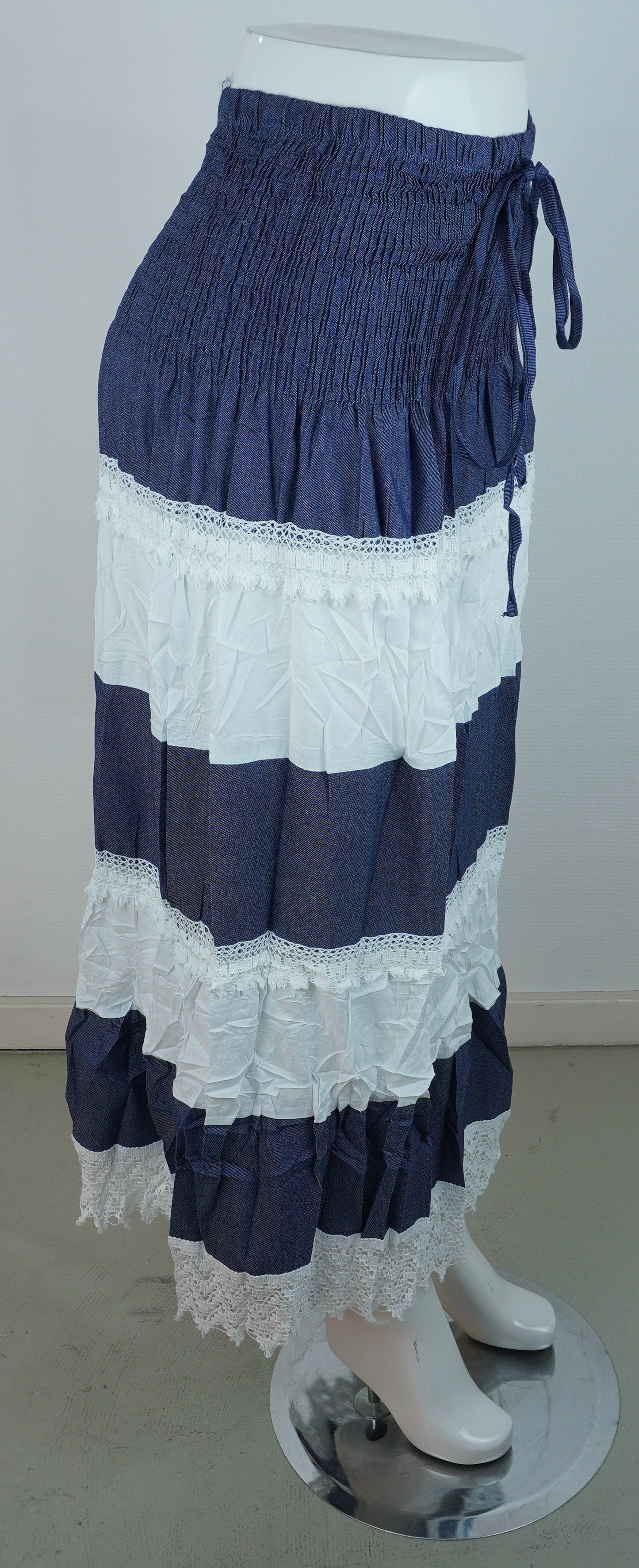 Boho-Stufenrock mit Spitze – Navy/Weiß