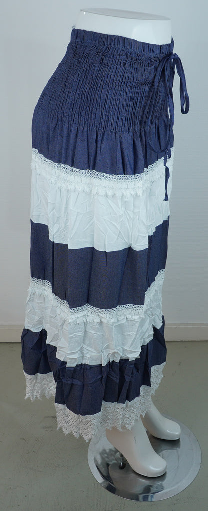 Boho-Stufenrock mit Spitze – Navy/Weiß