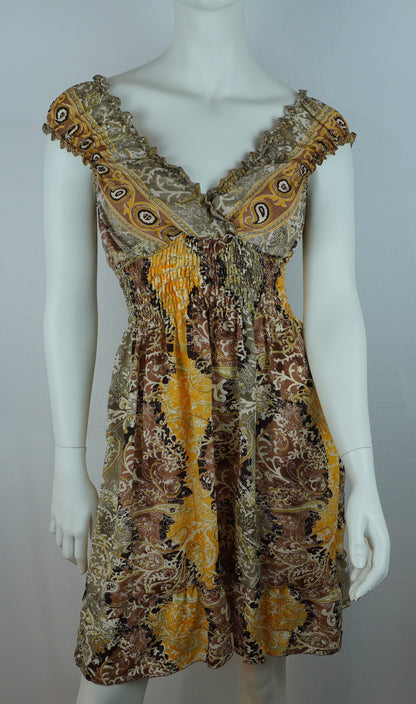 Paisley Kleid Braun/Gelb – Boho Sommerlook, Rüschen V‑Ausschnitt, Elastisch