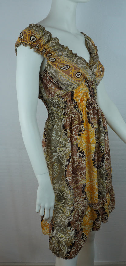 Paisley Kleid Braun/Gelb – Boho Sommerlook, Rüschen V‑Ausschnitt, Elastisch