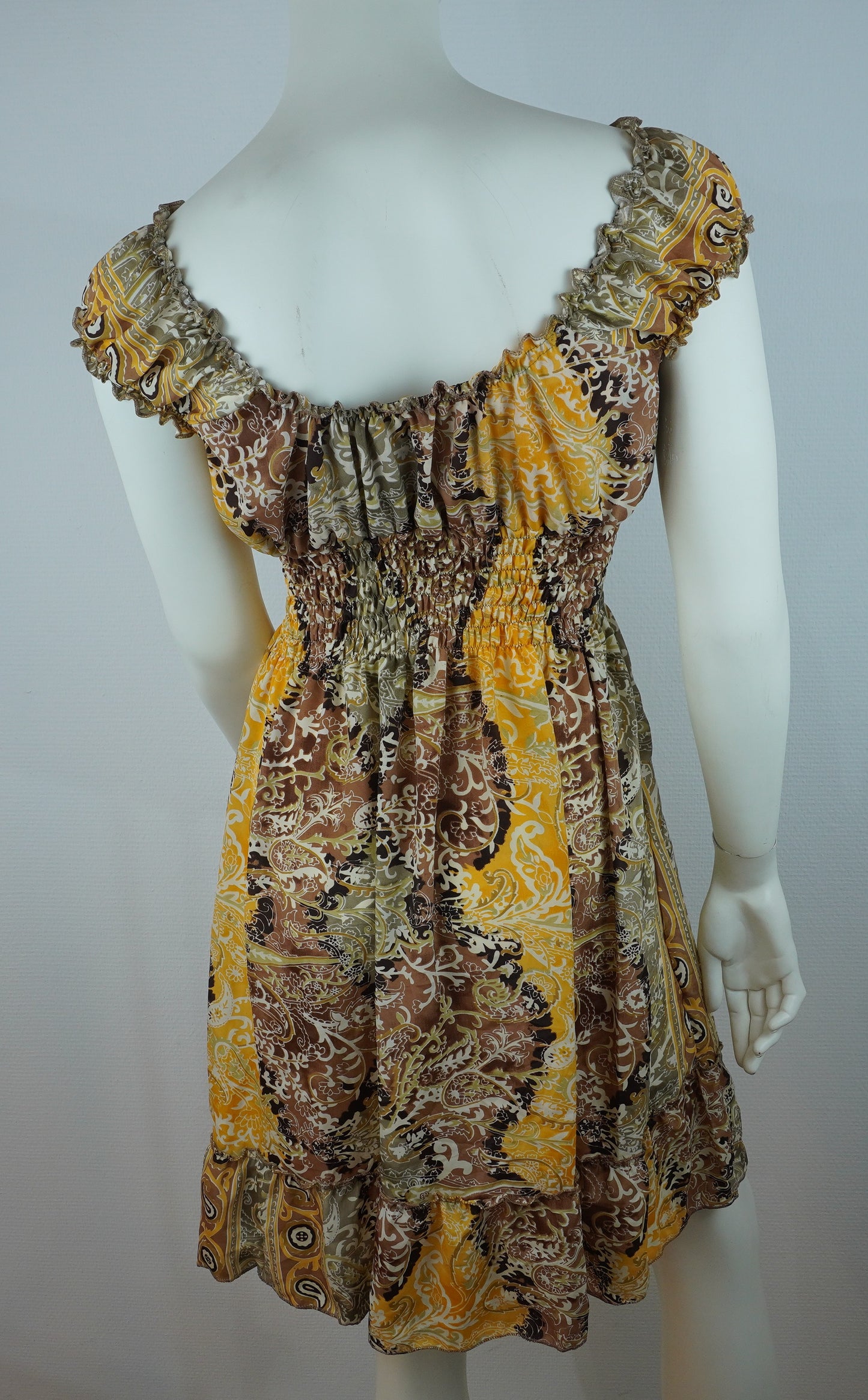Paisley Kleid Braun/Gelb – Boho Sommerlook, Rüschen V‑Ausschnitt, Elastisch