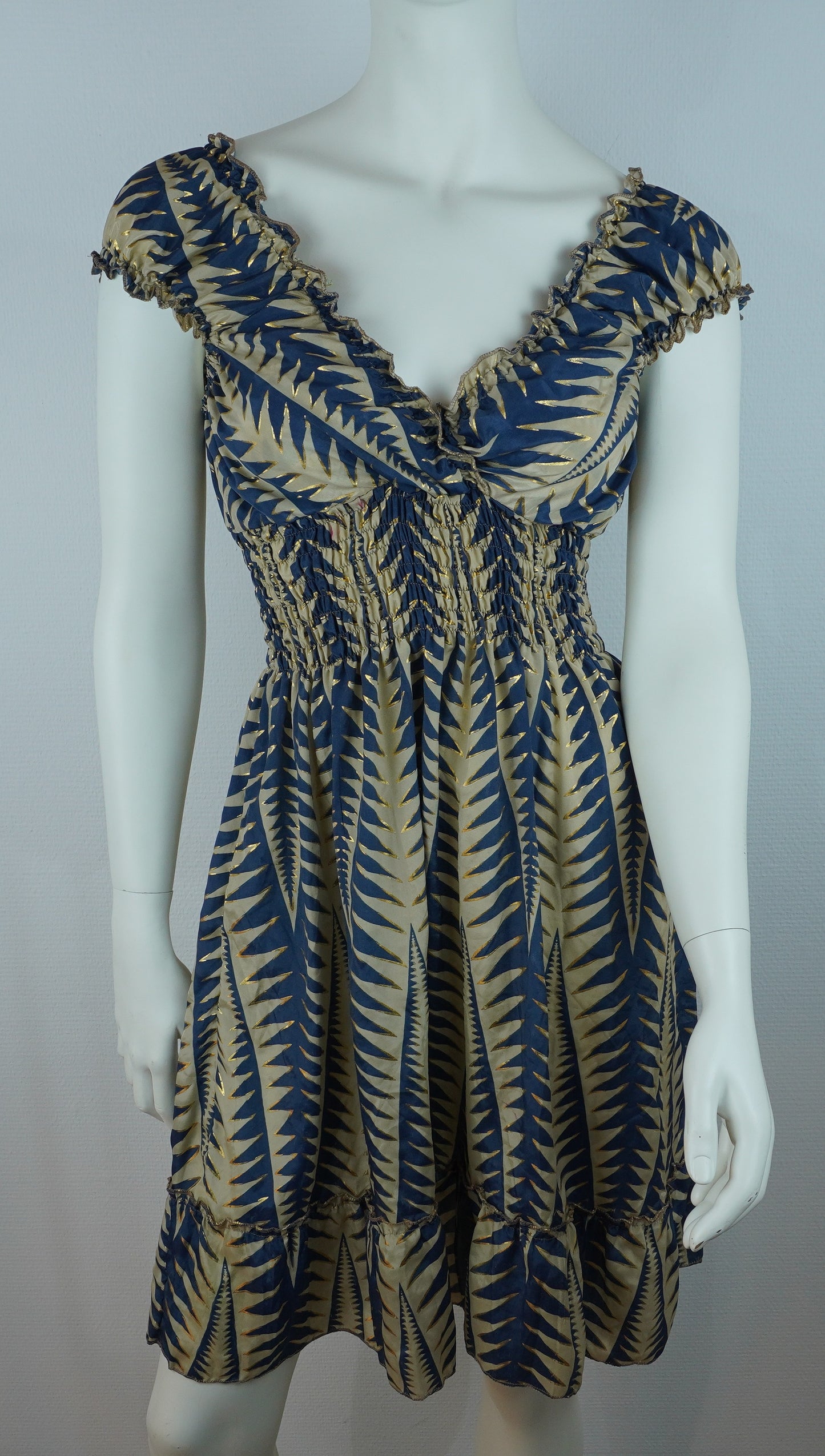 Boho Sommerkleid Farn-Muster Navy/Beige – Made in India