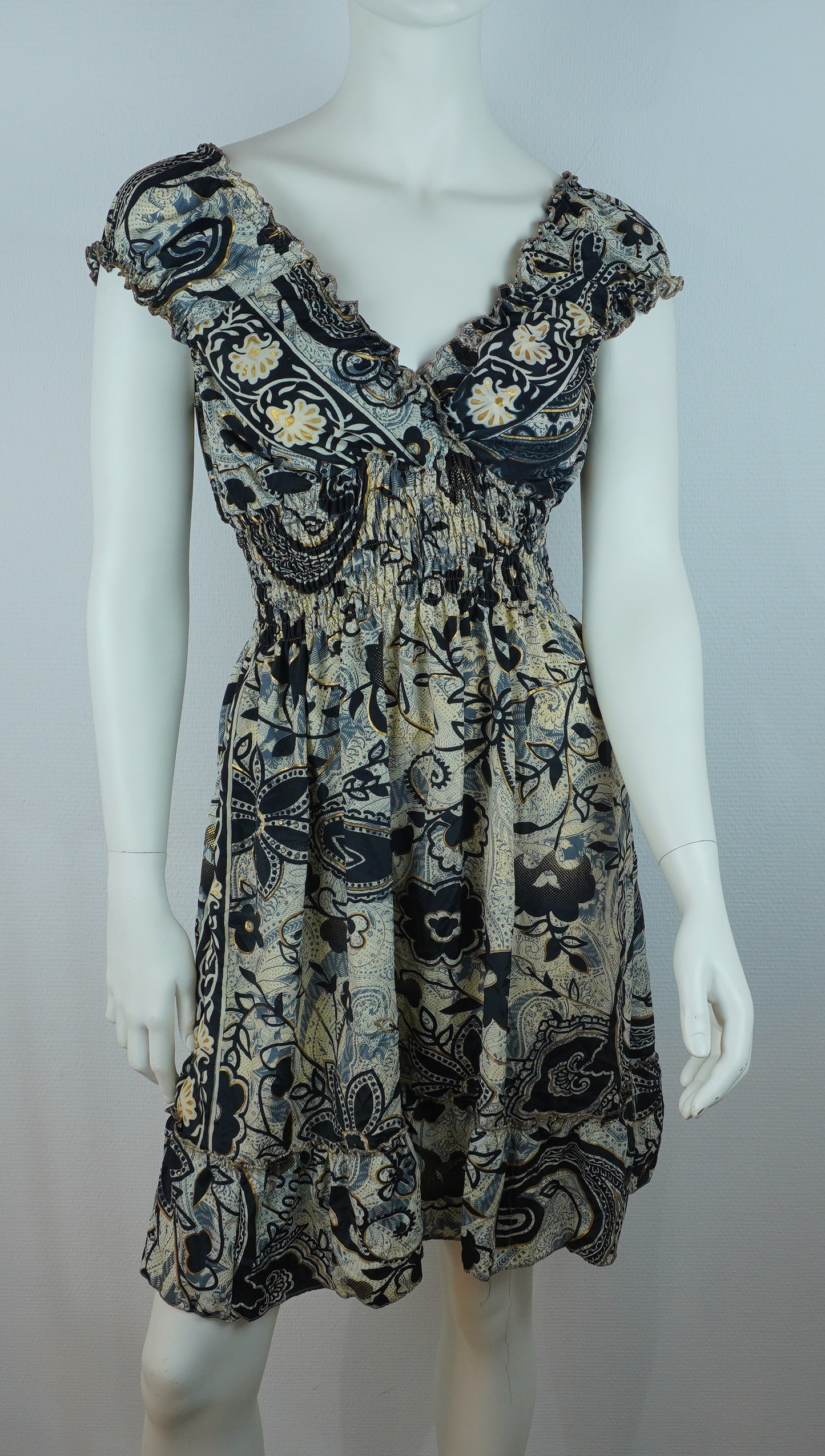 Boho Sommerkleid Paisley & Blumen Schwarz/Beige – Made in India