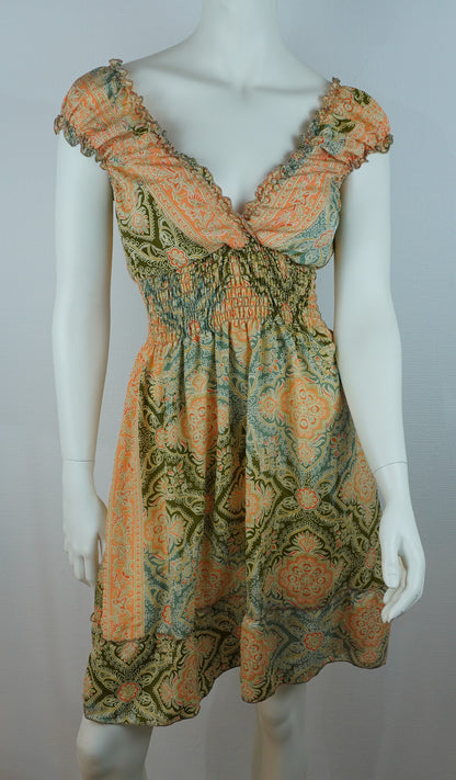 Boho Sommerkleid Damask Apricot/Salbeigrün – Made in India