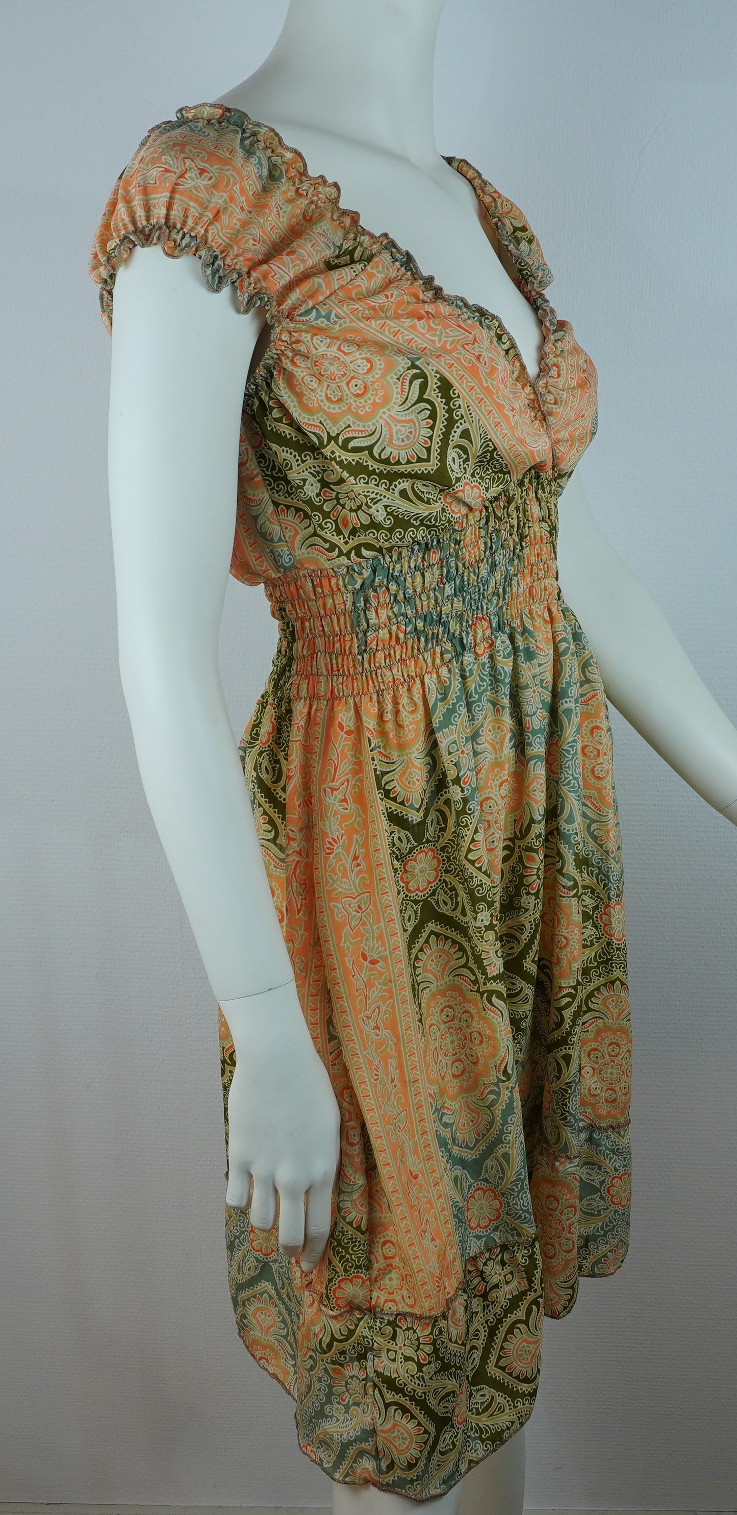 Boho Sommerkleid Damask Apricot/Salbeigrün – Made in India