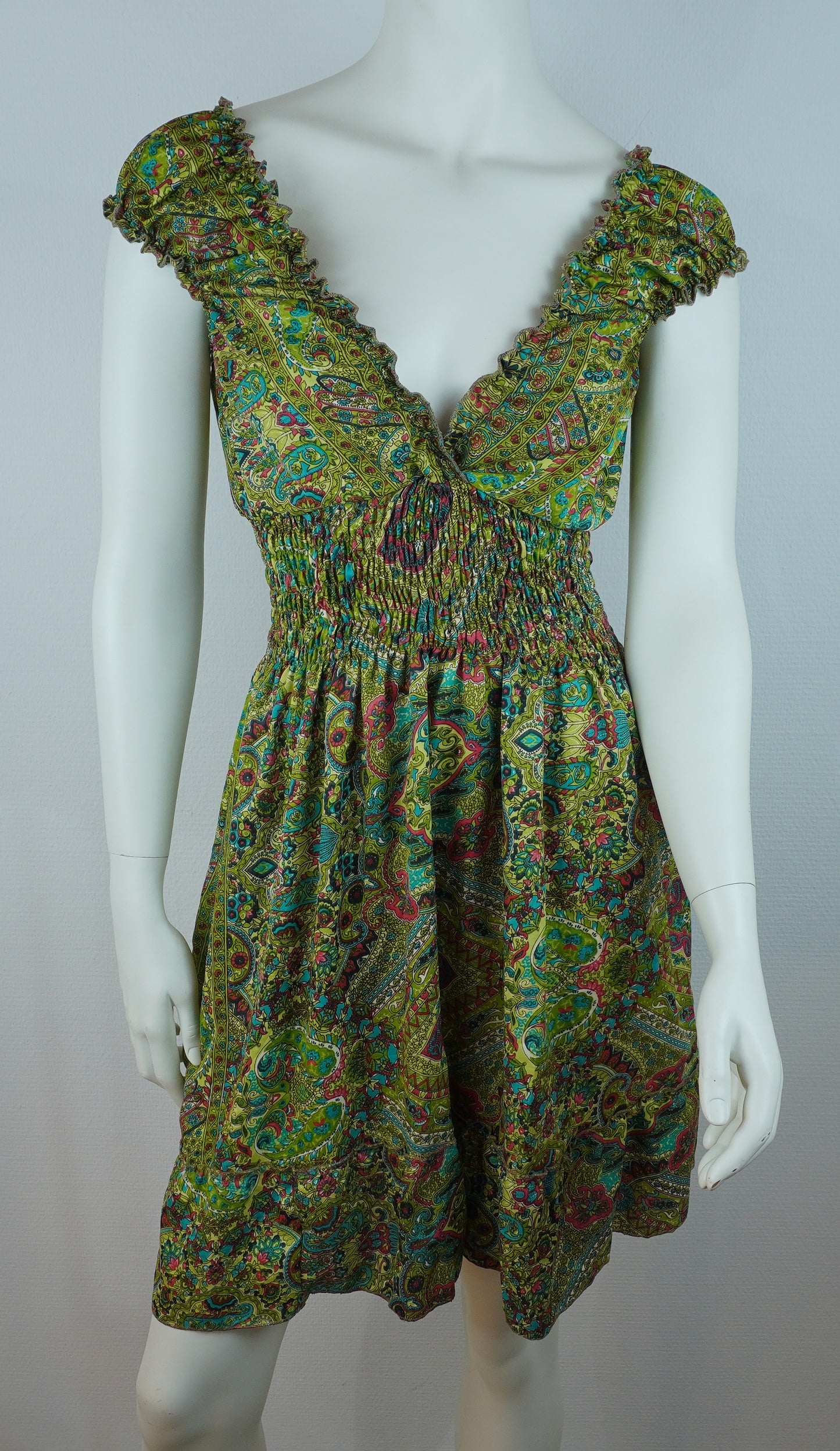 Boho Sommerkleid Paisley Olivgrün Bunt – Made in India