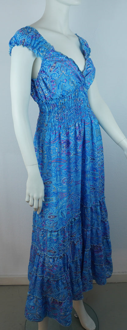 Boho Maxi Kleid Blau – Paisley Muster – V‑Ausschnitt – Smokbund – Sommer Kleid