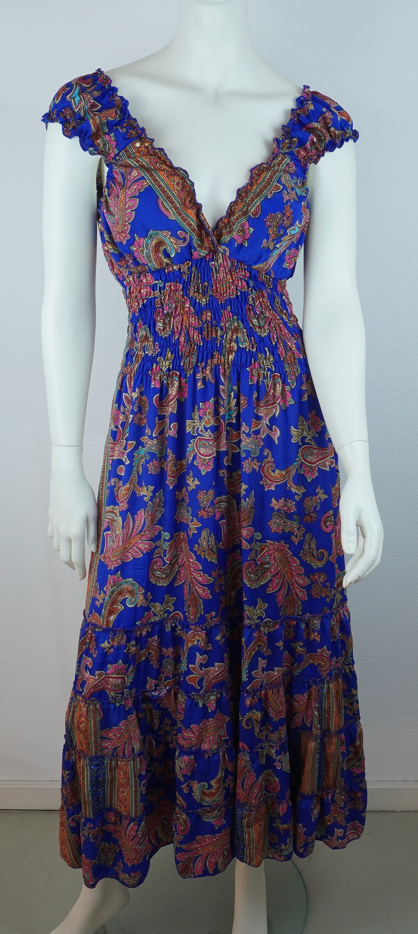 Boho Maxi Kleid Königsblau – Paisley Muster – V-Ausschnitt – Smokbund – Sommer Kleid