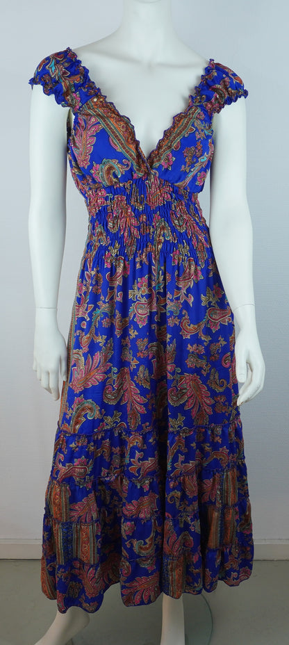 Boho Maxi Kleid Königsblau – Paisley Muster – V-Ausschnitt – Smokbund – Sommer Kleid