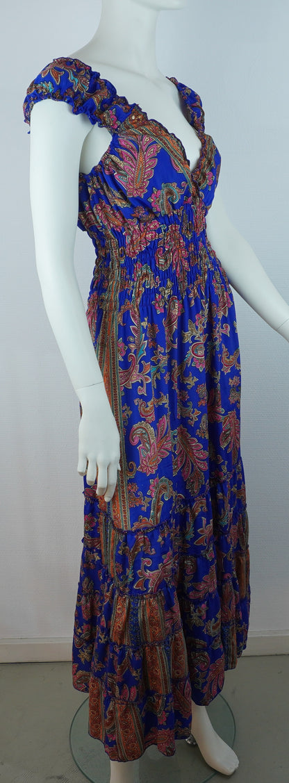 Boho Maxi Kleid Königsblau – Paisley Muster – V-Ausschnitt – Smokbund – Sommer Kleid