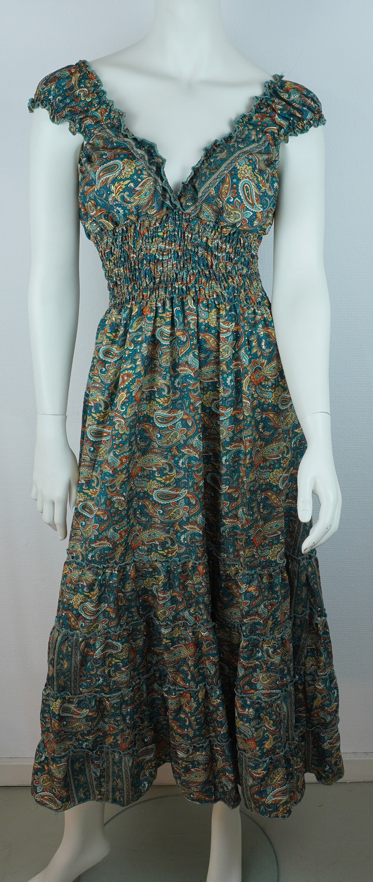 Boho Maxi Kleid Petrol – Paisley Muster – V-Ausschnitt – Smokbund – Sommer Kleid