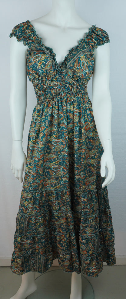 Boho Maxi Kleid Petrol – Paisley Muster – V-Ausschnitt – Smokbund – Sommer Kleid