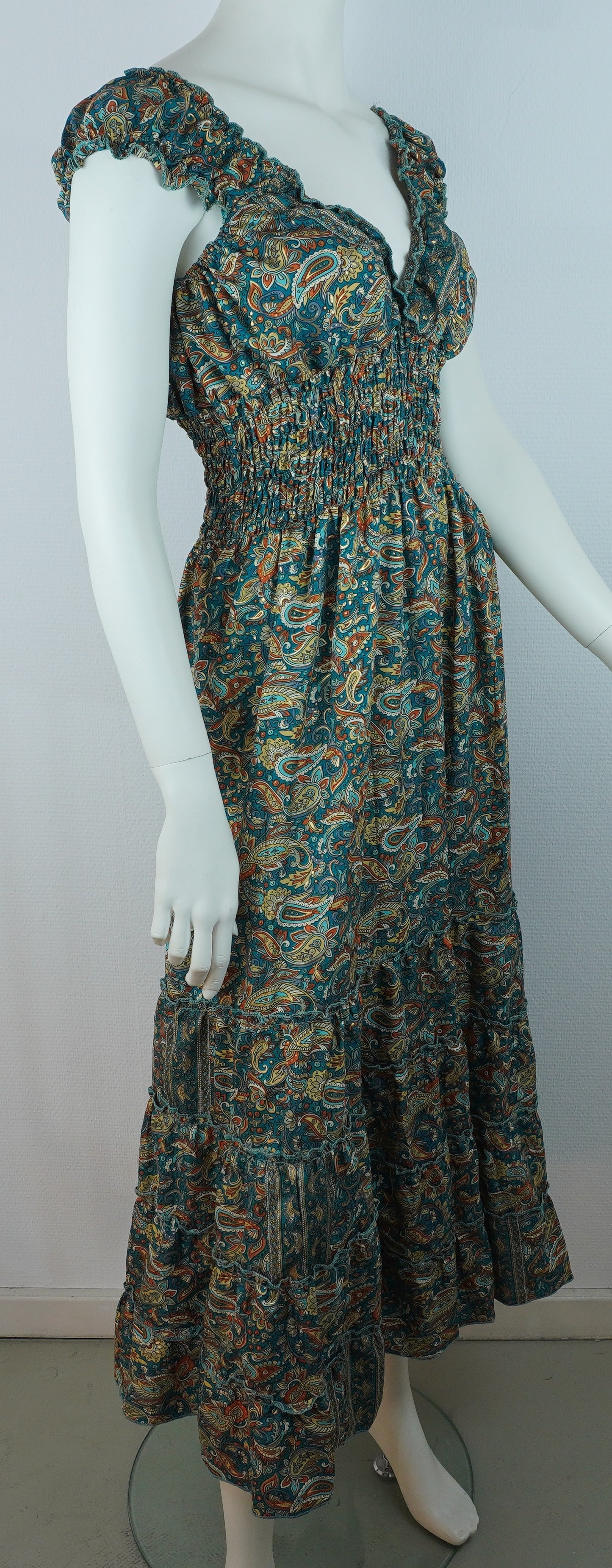 Boho Maxi Kleid Petrol – Paisley Muster – V-Ausschnitt – Smokbund – Sommer Kleid