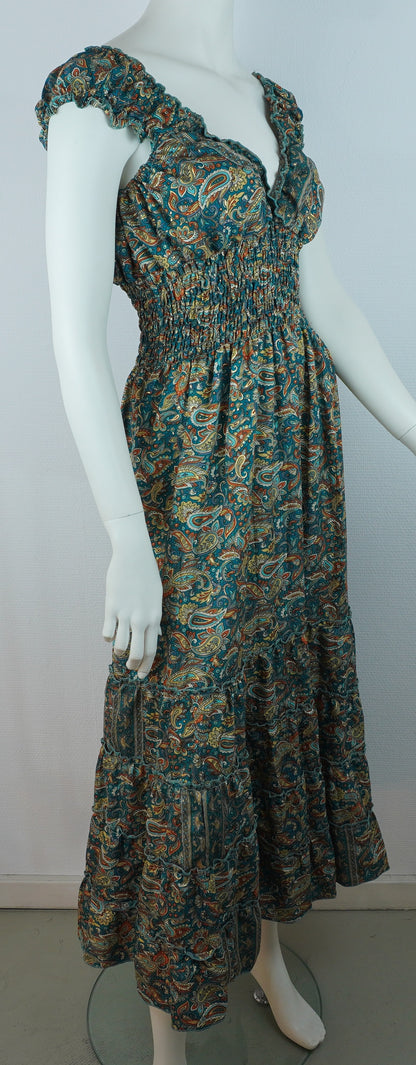 Boho Maxi Kleid Petrol – Paisley Muster – V-Ausschnitt – Smokbund – Sommer Kleid