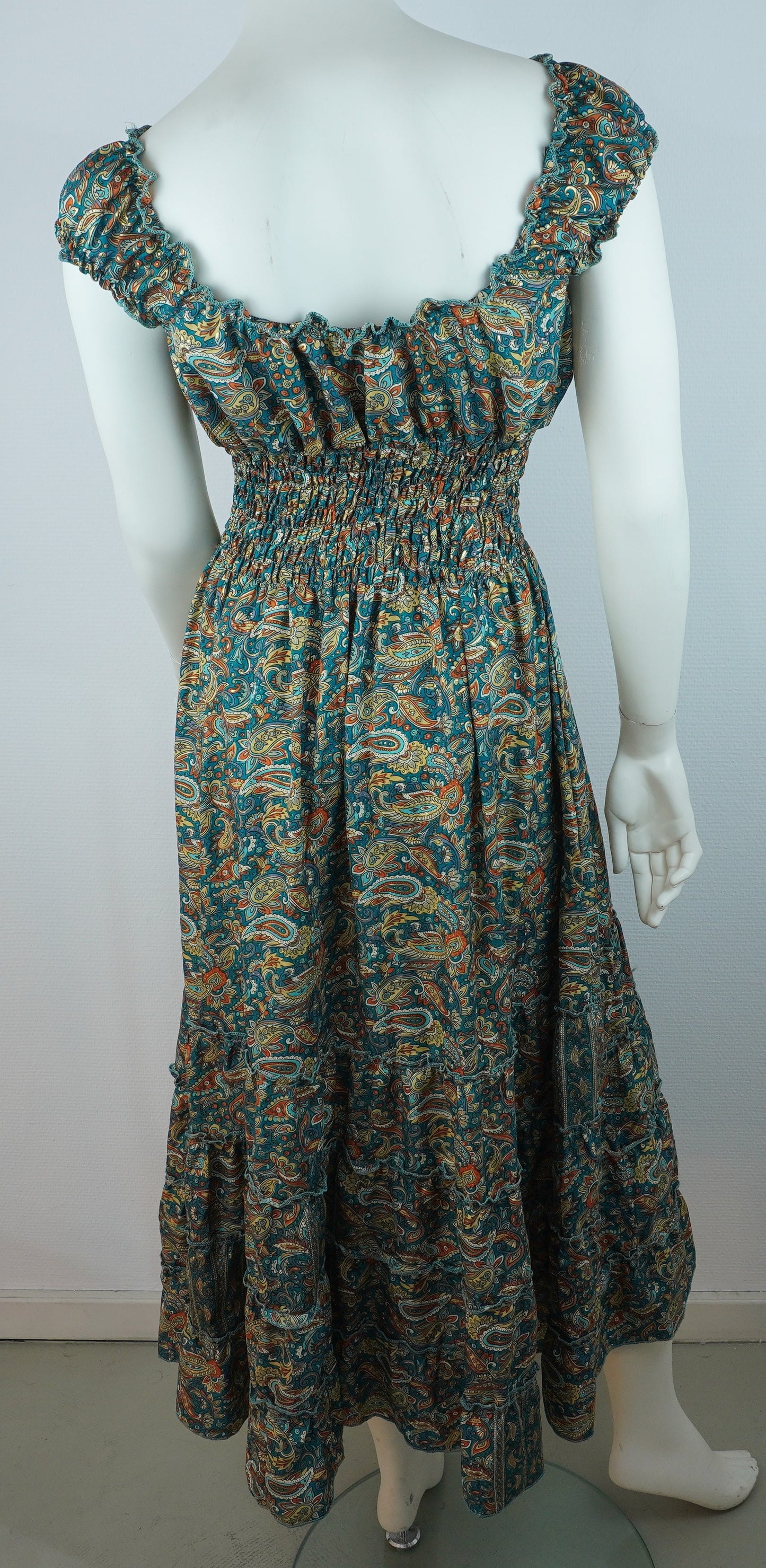 Boho Maxi Kleid Petrol – Paisley Muster – V-Ausschnitt – Smokbund – Sommer Kleid