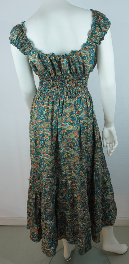 Boho Maxi Kleid Petrol – Paisley Muster – V-Ausschnitt – Smokbund – Sommer Kleid