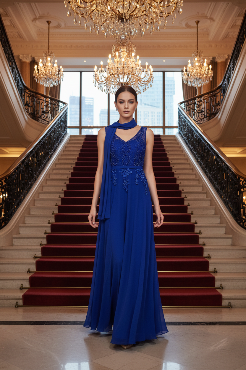 Elegantes Abendkleid Blau – Spitze & Perlen – Festkleid mit Schal – Boutique Qualität