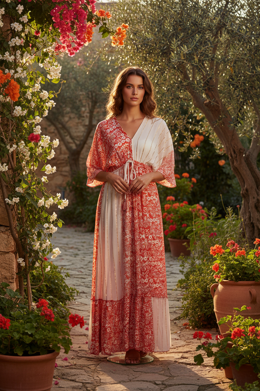 Boho Maxi Kleid – Rot/Weiß/Gold Mix