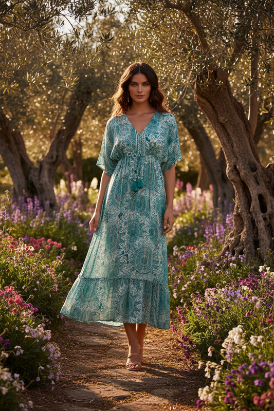 Boho Maxi Kleid – Türkis/Weiß Mandala