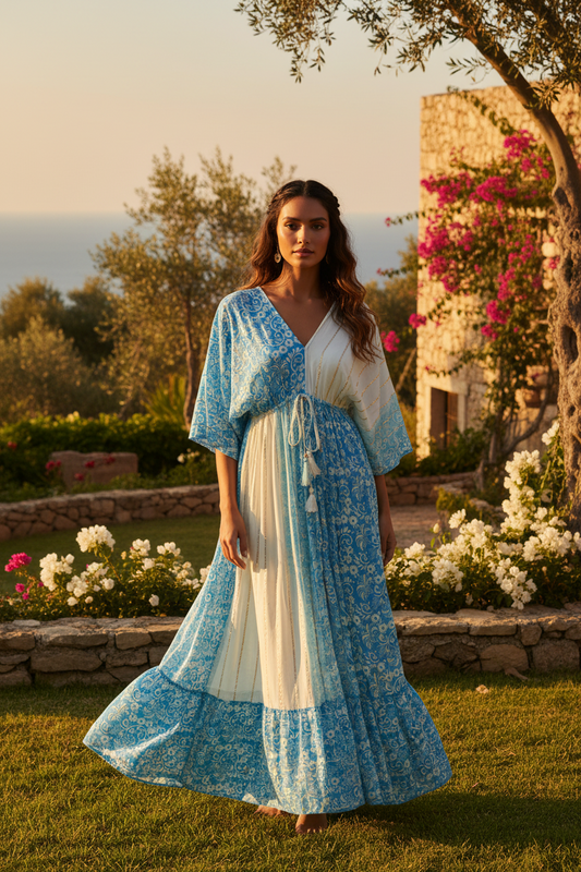 Boho Maxi Kleid – Blau/Weiß/Gold Mix