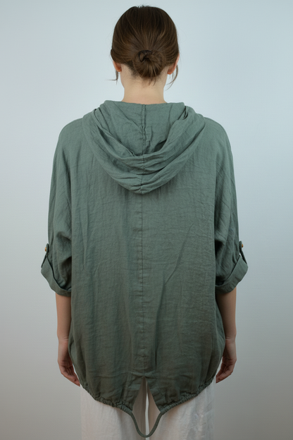 Grünes Leinen Hooded Overshirt – Rückansicht
