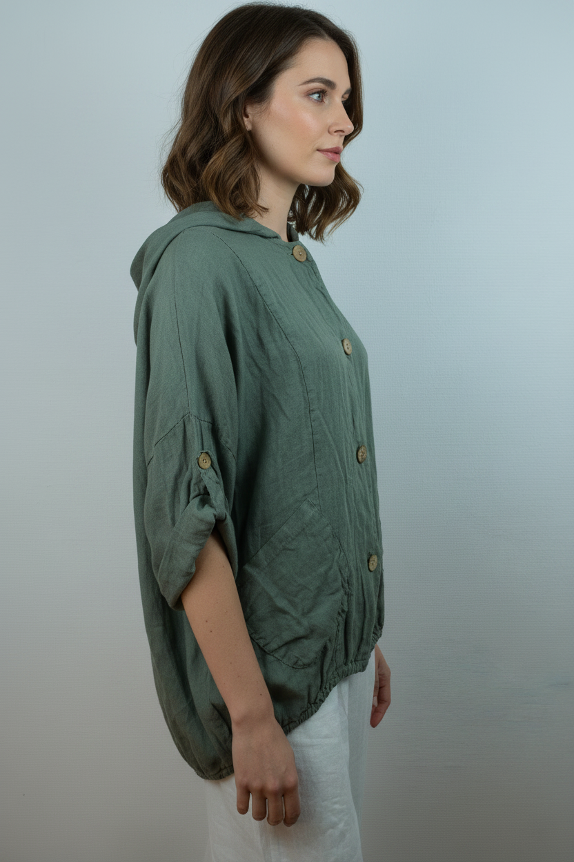 Grünes Leinen Hooded Overshirt – Seite