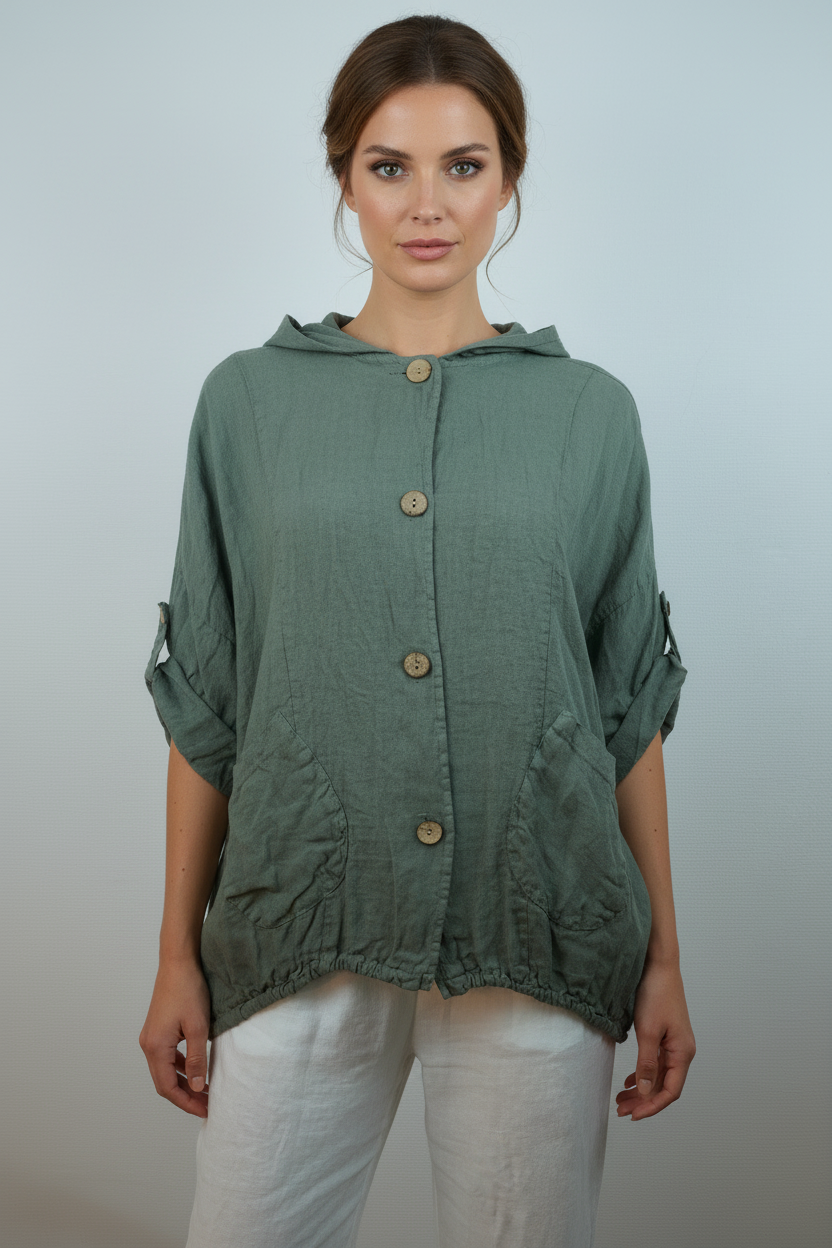 Grünes Leinen Hooded Overshirt – Vorne