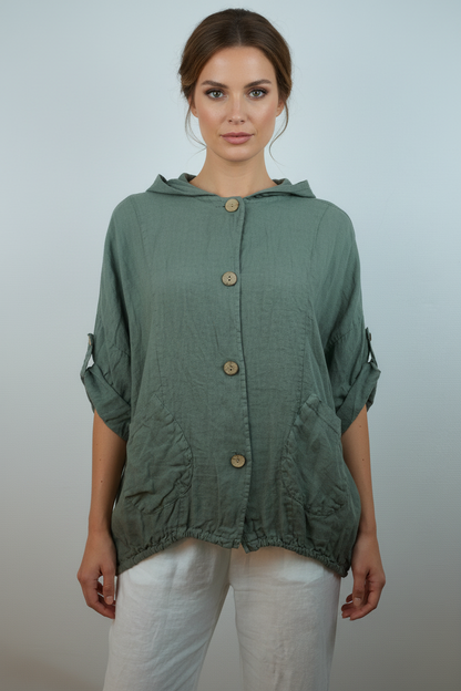 Grünes Leinen Hooded Overshirt – Vorne