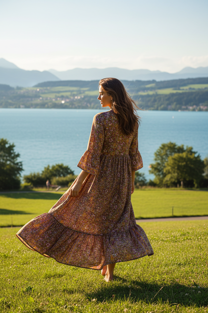 Boho Maxikleid florales Ethno Muster Braun/Lila – Rückenansicht