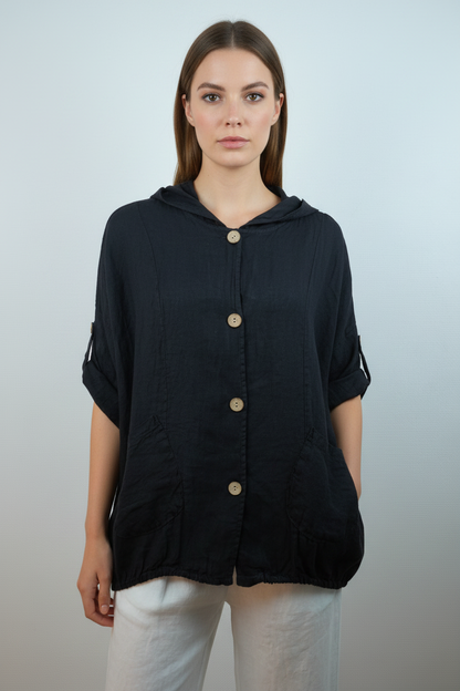 Leinen Hooded Overshirt Schwarz – Vorderansicht