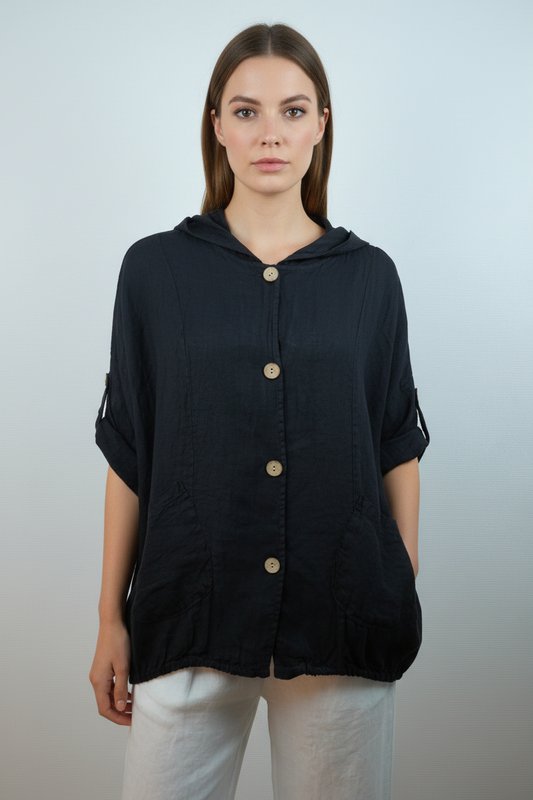 Leinen Hooded Overshirt Schwarz – Vorderansicht